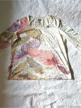 Chico's Cream Tee with Pink, Gold and Purple Feather Motif